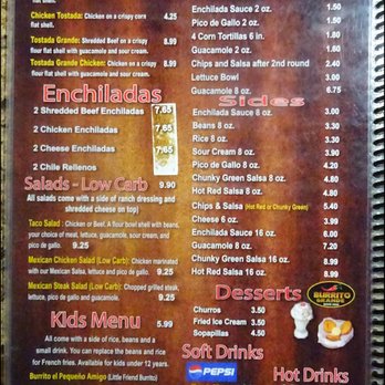 Burrito Grande - The fifth page of the menu is all about "Tostadas, Enchiladas, Extras, Sides, Salads," along with a "Kid's Menu," catered to little ones. - Mexican Near Me - Roy, Utah Burrito Grande - The fifth page of the menu is all about "Tostadas, Enchiladas, Extras, Sides, Salads," along with a "Kid's Menu," catered to little ones. - Mexican Near Me - Roy, Utah