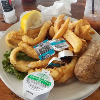 Mackinac Grille - Perch fish with baked potato and fries. - Seafood Near Me - Saint Ignace, Michigan
