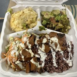CoreLife Eatery - "The Box - steak" with gluten free mac and cheese and maple bacon Brussels sprouts