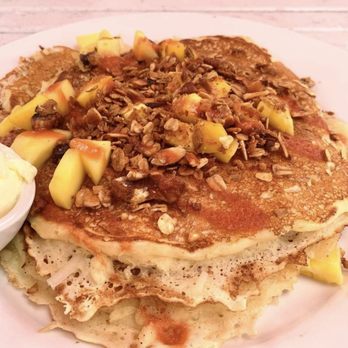 Shorehouse Kitchen - Mango Pancakes with Homemade Granola and Guava Syrup - Coffee & Tea Near Me - La Jolla, California Shorehouse Kitchen - Mango Pancakes with Homemade Granola and Guava Syrup - Coffee & Tea Near Me - La Jolla, California