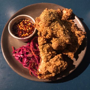 The Good Egg - ZFC (£11) - our famous za'atar fried chicken thighs w/ pickled slaw + chili honey - Middle Eastern Near Me - London, XGL The Good Egg - ZFC (£11) - our famous za'atar fried chicken thighs w/ pickled slaw + chili honey - Middle Eastern Near Me - London, XGL