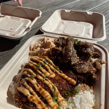 Da Bald Guy - Combo plate (Furikake-Crusted Salmon and Braised Boneless Kalbi) - Food Trucks Near Me - Kahuku, Hawaii