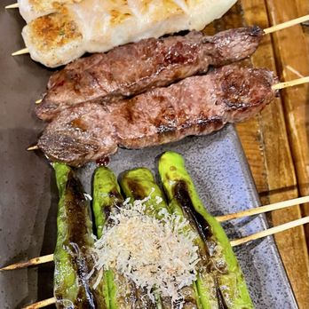 Tori Jiro - Skewers- chicken breast, Gyu Sagari (Hanger Steak), Shishito Peppers - Japanese Near Me - Watertown, Massachusetts Tori Jiro - Skewers- chicken breast, Gyu Sagari (Hanger Steak), Shishito Peppers - Japanese Near Me - Watertown, Massachusetts