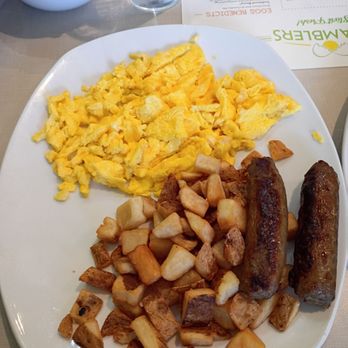 Scramblers - Three scrambled eggs, pork sausage links and potato chunks - Breakfast & Brunch Near Me - Canal Winchester, Ohio