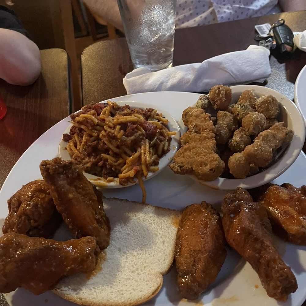 Buffalo and Hot/Honey wings, fried okra and cauliflower, spaghetti, and green beans Buffalo and Hot/Honey wings, fried okra and cauliflower, spaghetti, and green beans