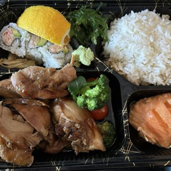 Sankaku - Bento box with salmon, chicken teriyaki, and California roll - Japanese Near Me - San Francisco, California Sankaku - Bento box with salmon, chicken teriyaki, and California roll - Japanese Near Me - San Francisco, California