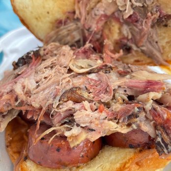Little Miss BBQ - Pulled Pork Sandwich with Sliced Sausage - Barbeque Near Me - Phoenix, Arizona Little Miss BBQ - Pulled Pork Sandwich with Sliced Sausage - Barbeque Near Me - Phoenix, Arizona