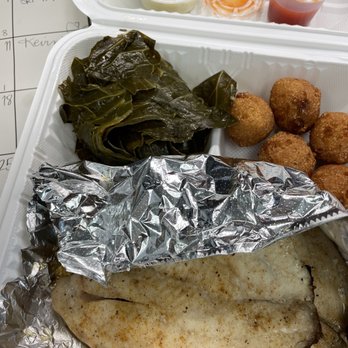 Captain Peter's Seafood - Broiled tilapia, greens, and hush puppies - Seafood Near Me - Clinton, Maryland