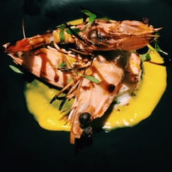 Mimasu - Charred King Prawns with carrot and yuzu panacotta, soy caramel and micro herbs