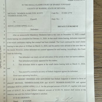 Jefes Landscaping - Default judgement against Jefe's for failing to appear - Landscaping Near Me - Reno, Nevada Jefes Landscaping - Default judgement against Jefe's for failing to appear - Landscaping Near Me - Reno, Nevada