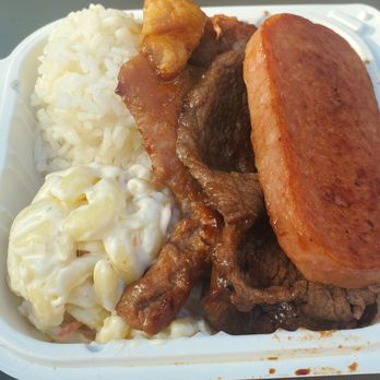 M & M BBQ - Bento #3 mini. BBQ chicken,  teriyaki beef, Spam, rice, Mac salad - Hawaiian Near Me - Aiea, Hawaii
