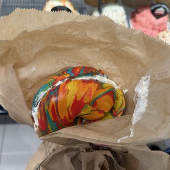 Liberty Bagels - Rainbow Bagel with birthday crème cheese - Bagels Near Me - New York, New York Liberty Bagels - Rainbow Bagel with birthday crème cheese - Bagels Near Me - New York, New York