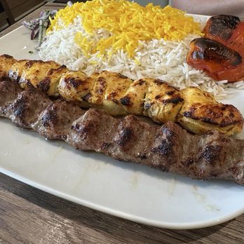 Rose Mediterranean Cuisine - Combo Plate - chicken and beef skewers with saffron basmati rice and tomatoes! - YUMM!!! - Mediterranean Near Me - Plano, Texas Rose Mediterranean Cuisine - Combo Plate - chicken and beef skewers with saffron basmati rice and tomatoes! - YUMM!!! - Mediterranean Near Me - Plano, Texas
