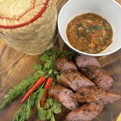 Phonomenal Street Eats - Smoked Lao sausage with sticky rice & roasted tomato dipping sauce