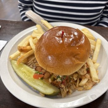 MJ's Downtown Cafe & Bakery - cowboy burger w/ fries - American Near Me - Brentwood, California MJ's Downtown Cafe & Bakery - cowboy burger w/ fries - American Near Me - Brentwood, California