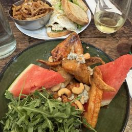 BLT with a fried green tomato, cucumber and avocado. Wings and watermelon with thai chili lime sauce