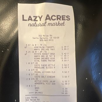 Lazy Acres Market - Receipt - Grocery Near Me - Santa Barbara, California