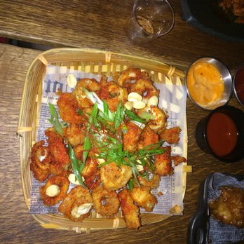 Barn Joo 35 - Calamari and Roasted peanuts came with some spicy sauce which was meh. Tasted better with spicy mayo sauce! - Korean Near Me - New York, New York