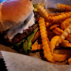 Game Time Sports Bar and Grill - The Blue Burger and fries.. cooked perfectly medium Rare. This is what a burger is supposed to be...