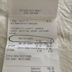 Sellwood Cycle Repair - Receipt with non-inventory cost of $11.50