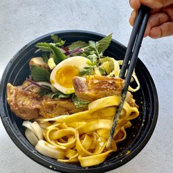 Aloha Burma - "Burmese laksa, also known as Ohn no khao swè | Seared skin-on Chicken lag, Noodles, Egg, Herbs, Lime  Coconut Lemongrass Soup..