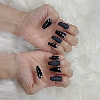 Super Nail Tek - Gel X Black Coffin Nails with rhinestones and 2 matte nails with shiny V French tip done by Jenny. - Nail Salons Near Me - Garden Grove, California Super Nail Tek - Gel X Black Coffin Nails with rhinestones and 2 matte nails with shiny V French tip done by Jenny. - Nail Salons Near Me - Garden Grove, California