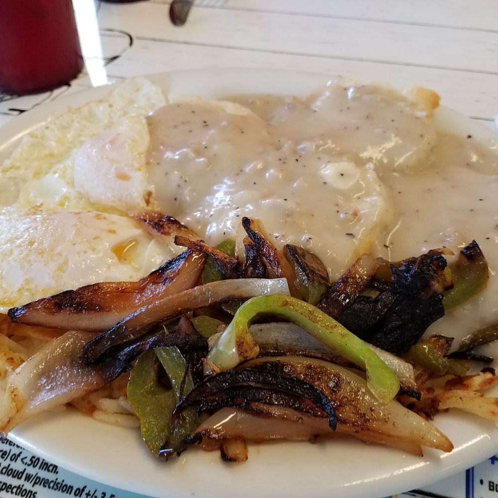 Hangar Cafe - Biscuits and gravy, hash browns covered in sauteed onions and bell peppers, and two eggs, over easy. Absolutely delicious!! - Cafes Near Me - Chandler, Arizona Hangar Cafe - Biscuits and gravy, hash browns covered in sauteed onions and bell peppers, and two eggs, over easy. Absolutely delicious!! - Cafes Near Me - Chandler, Arizona