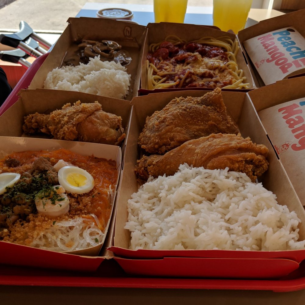 Beef steak with rice (top left), Spaghetti (top right), Palabok (bottom left - highly recommend), Chicken and rice (bottom right)