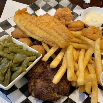 Fish N' Grill - Fisherman's Platter with 2 pieces of fried catfish, a crab cake, and 6 fried shrimps. Green beans, hush puppies and fries for the sides - Seafood Near Me - Fredericksburg, Virginia Fish N' Grill - Fisherman's Platter with 2 pieces of fried catfish, a crab cake, and 6 fried shrimps. Green beans, hush puppies and fries for the sides - Seafood Near Me - Fredericksburg, Virginia