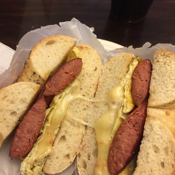 Penny House Cafe - Beef sausage, egg, with ghost pepper cheddar on an everything bagel. Delicious af - Coffee & Tea Near Me - Brooklyn, New York Penny House Cafe - Beef sausage, egg, with ghost pepper cheddar on an everything bagel. Delicious af - Coffee & Tea Near Me - Brooklyn, New York