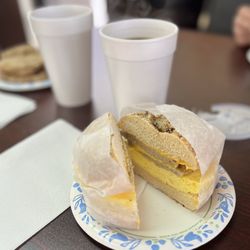 Big City Bagels - Sausage egg and cheese on an everything bagel.