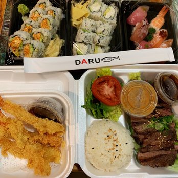Daru Sushi - spicy albacore roll, Luffy Combo (includes California or spicy tuna roll, miso soup, and salad), shrimp tempura, teriyaki beef plate - Sushi Bars Near Me - Bellflower, California Daru Sushi - spicy albacore roll, Luffy Combo (includes California or spicy tuna roll, miso soup, and salad), shrimp tempura, teriyaki beef plate - Sushi Bars Near Me - Bellflower, California
