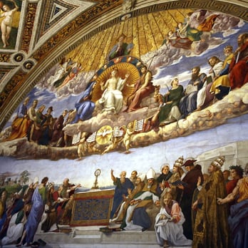 Musei Vaticani - Raphael's Disputation of the Holy Sacrament (plus Adam and Eve fresco top left)... - Museums Near Me - Rome, RM