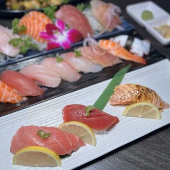 Mikomi Sushi - (Left to right): Bluefin Toro, Bluefin Tuna, Lemon Pepper Salmon Sushi - Sushi Bars Near Me - West Covina, California Mikomi Sushi - (Left to right): Bluefin Toro, Bluefin Tuna, Lemon Pepper Salmon Sushi - Sushi Bars Near Me - West Covina, California