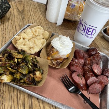 The Shed Market - Jalapeño pepperjack sausage, Mac n cheese, Brussels sprouts, peach cobbler - Barbeque Near Me - Abilene, Texas The Shed Market - Jalapeño pepperjack sausage, Mac n cheese, Brussels sprouts, peach cobbler - Barbeque Near Me - Abilene, Texas
