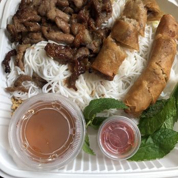 Kitten and Pinky - #12 BBQ Pork & Egg Roll over vermicelli. Nice BBQ char flavors, tasty egg rolls. Would order again! - Vietnamese Near Me - Pacifica, California Kitten and Pinky - #12 BBQ Pork & Egg Roll over vermicelli. Nice BBQ char flavors, tasty egg rolls. Would order again! - Vietnamese Near Me - Pacifica, California
