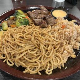 Habachi combo: chicken and steak with mixed vegetables, rice and noodles Habachi combo: chicken and steak with mixed vegetables, rice and noodles