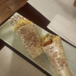 This is my favorite..yes both are mine lol. It's tiger crunchy hand roll on soy paper (comes with seaweed paper but I prefer soy) This is my favorite..yes both are mine lol. It's tiger crunchy hand roll on soy paper (comes with seaweed paper but I prefer soy)