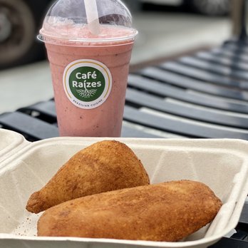 Cafe Raizes - Quibe Queijo ($4), Coxinha ($4), and Dragonfruit & Mango Smoothie ($9) - Brazilian Near Me - Millbrae, California