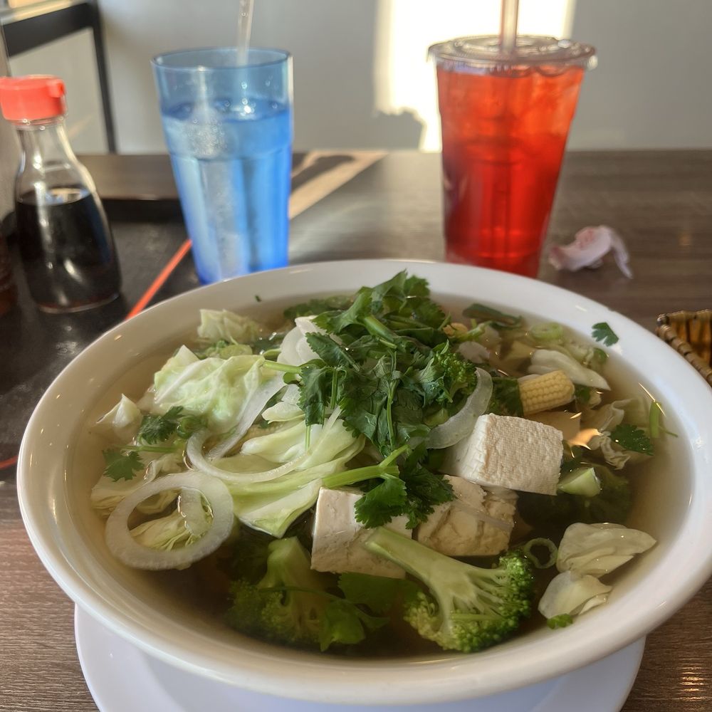 Veggie pho and pomegranate iced tea Veggie pho and pomegranate iced tea