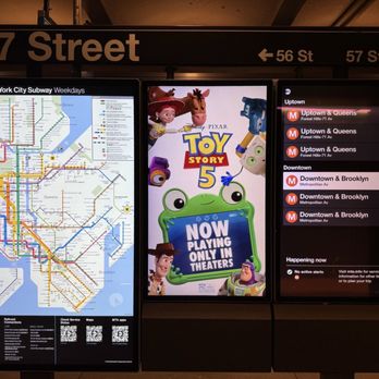 MTA - 57 St Subway Station - The latest version of NYC's subway map, ad for Toy Story (it was pretty good!), and upcoming train arrivals - Metro Stations Near Me - New York, New York MTA - 57 St Subway Station - The latest version of NYC's subway map, ad for Toy Story (it was pretty good!), and upcoming train arrivals - Metro Stations Near Me - New York, New York