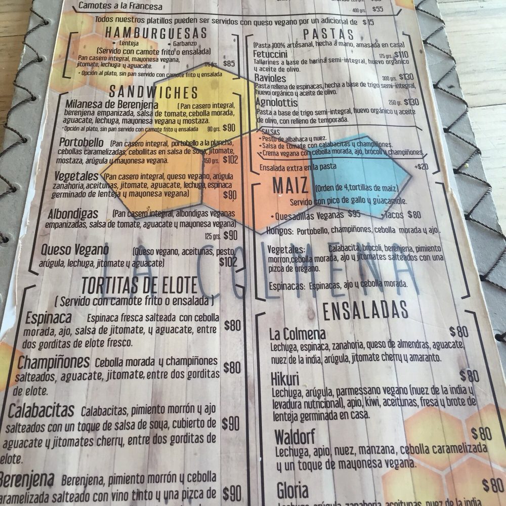 La Colmena - The food menu for easy looking. Forgot to picture the backside. More goodies in the back! - Vegan Near Me - San Andrés Cholula, PUE La Colmena - The food menu for easy looking. Forgot to picture the backside. More goodies in the back! - Vegan Near Me - San Andrés Cholula, PUE