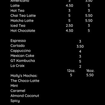 Molly’s Coffee Company - Menu, from website. - Coffee & Tea Near Me - Athens, Georgia