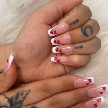 Larry Nail Impressions - French Gel X tips coffin shape w/ Hearts (manicure for Valentine's day ) - Nail Salons Near Me - Hallandale beach, Florida Larry Nail Impressions - French Gel X tips coffin shape w/ Hearts (manicure for Valentine's day ) - Nail Salons Near Me - Hallandale beach, Florida
