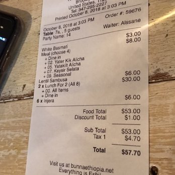 Bunna Cafe - Lunch total for 5 - Ethiopian Near Me - Brooklyn, New York