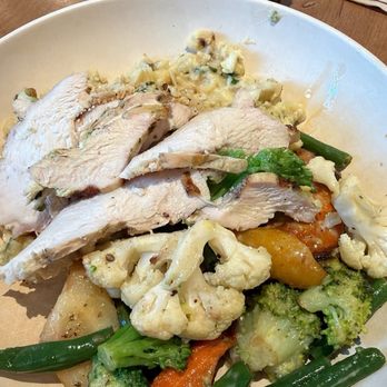 Flower Child - Chicken with Olive Oil Roasted Vegetables and Cauliflower "Risotto" - Salad Near Me - Southlake, Texas Flower Child - Chicken with Olive Oil Roasted Vegetables and Cauliflower "Risotto" - Salad Near Me - Southlake, Texas
