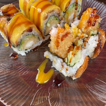 New Sushi Village - Bayside Roll- Shrimp tempura, cucumber inside, eel and mango on top Shrimp Tempura Roll - Sushi Bars Near Me - Bayside, New York New Sushi Village - Bayside Roll- Shrimp tempura, cucumber inside, eel and mango on top Shrimp Tempura Roll - Sushi Bars Near Me - Bayside, New York