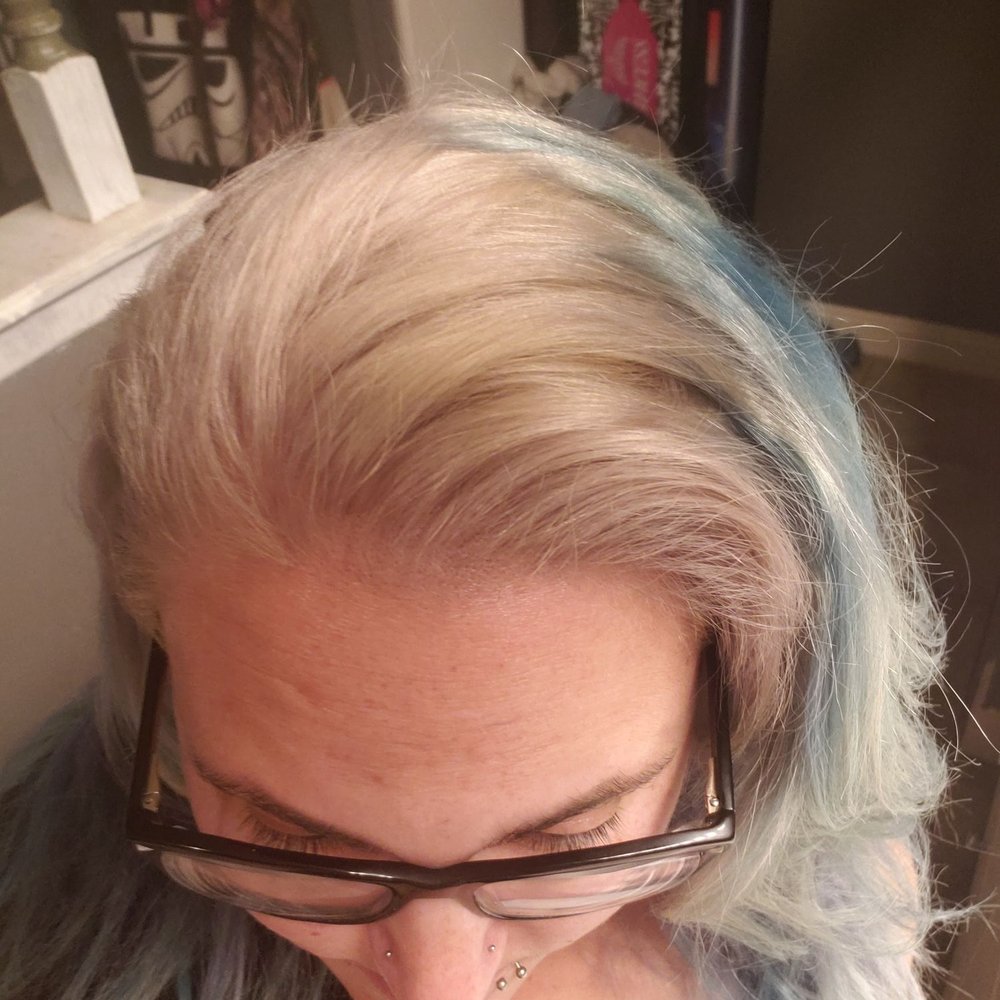 Salon Strut - Bleaching roots (which are normally dark) and my blue ends - Hair Salons Near Me - Calimesa, California Salon Strut - Bleaching roots (which are normally dark) and my blue ends - Hair Salons Near Me - Calimesa, California