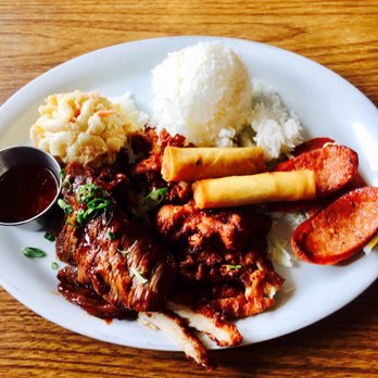 Kona Kitchen - Seattle - Da Kanaka Plate; Mac salad, couple of lumpia, rice, teriyaki beef and mochiko chicken with a couple Portuguese sausage pieces. - Hawaiian Near Me - Seattle, Washington