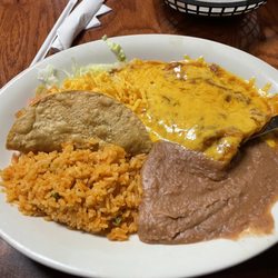Cheese Enchilada with beef hard-shell taco. Full of flavor and beans/rice were DELICIOUS